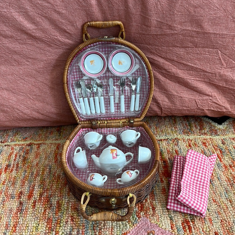 Vintage Barbie Porcelain Tea Set in beautiful Wicker Basket